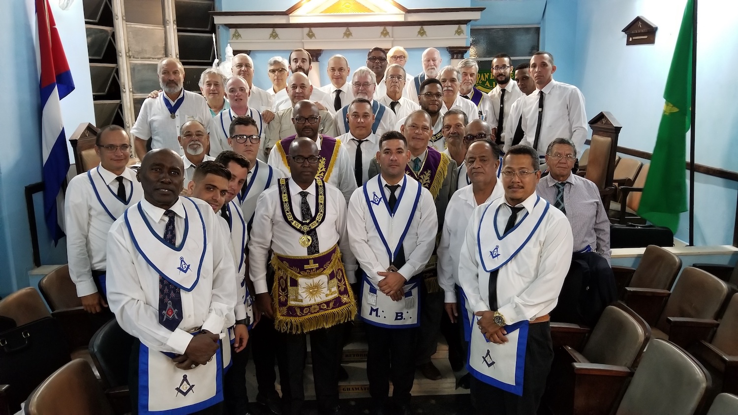 Members of Lodge Jose Naken with M∴W∴ Zamora Grand Master, the Grand Marshal, and the Grand Secretary